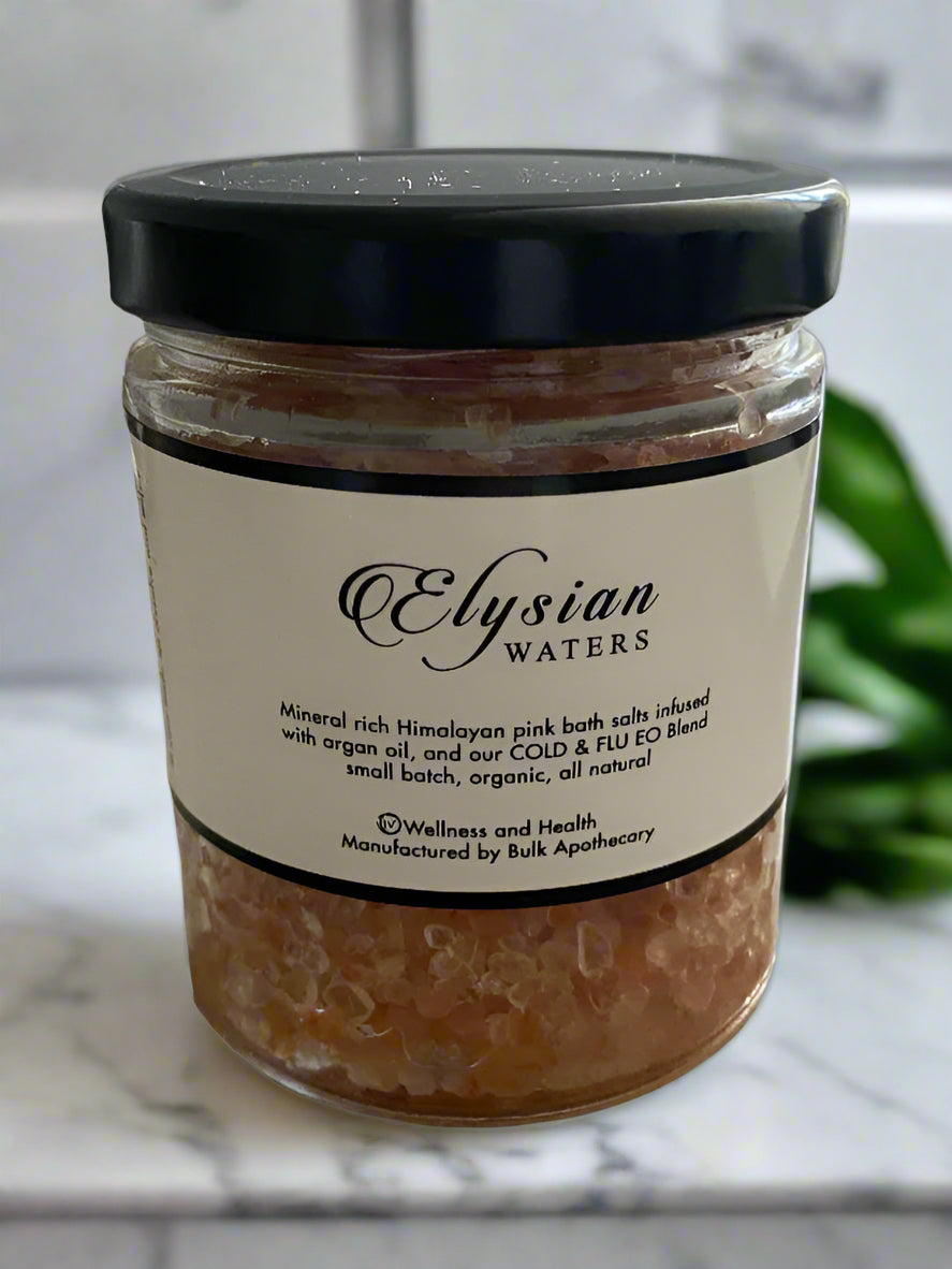 Himalayan Bath Salts infused with Argan Oil and our proprietary Cold & Flu CO Blend.  This product is produced in small batches, organic and all-natural.